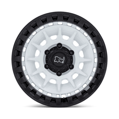 Black Rhino BARRAGE Gloss White On Matte Black wheel showcasing multi-spoke design and brake cooling features.