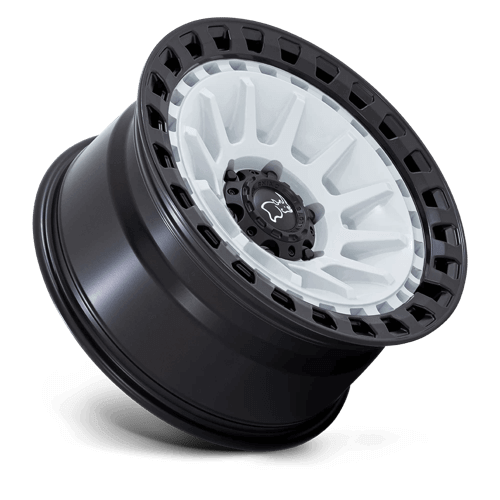 Black Rhino BARRAGE Gloss White On Matte Black wheel, featuring concave design and durable armored ring.