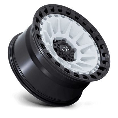 Black Rhino BARRAGE Gloss White On Matte Black wheel, featuring concave design and durable armored ring.