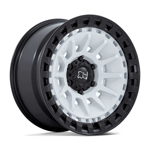 Black Rhino BARRAGE Gloss White On Matte Black wheel showcasing concave design and multi-spoke profile.