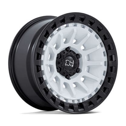 Black Rhino BARRAGE Gloss White On Matte Black wheel showcasing concave design and multi-spoke profile.