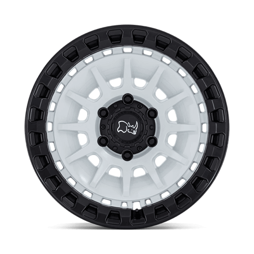 Black Rhino BARRAGE Gloss White On Matte Black wheel with multi-spoke design and armored ring for off-roading.