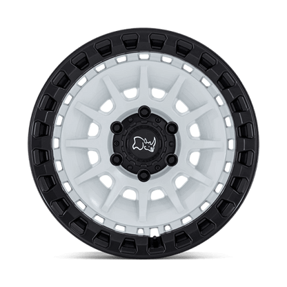 Black Rhino BARRAGE Gloss White On Matte Black wheel with multi-spoke design and armored ring for off-roading.