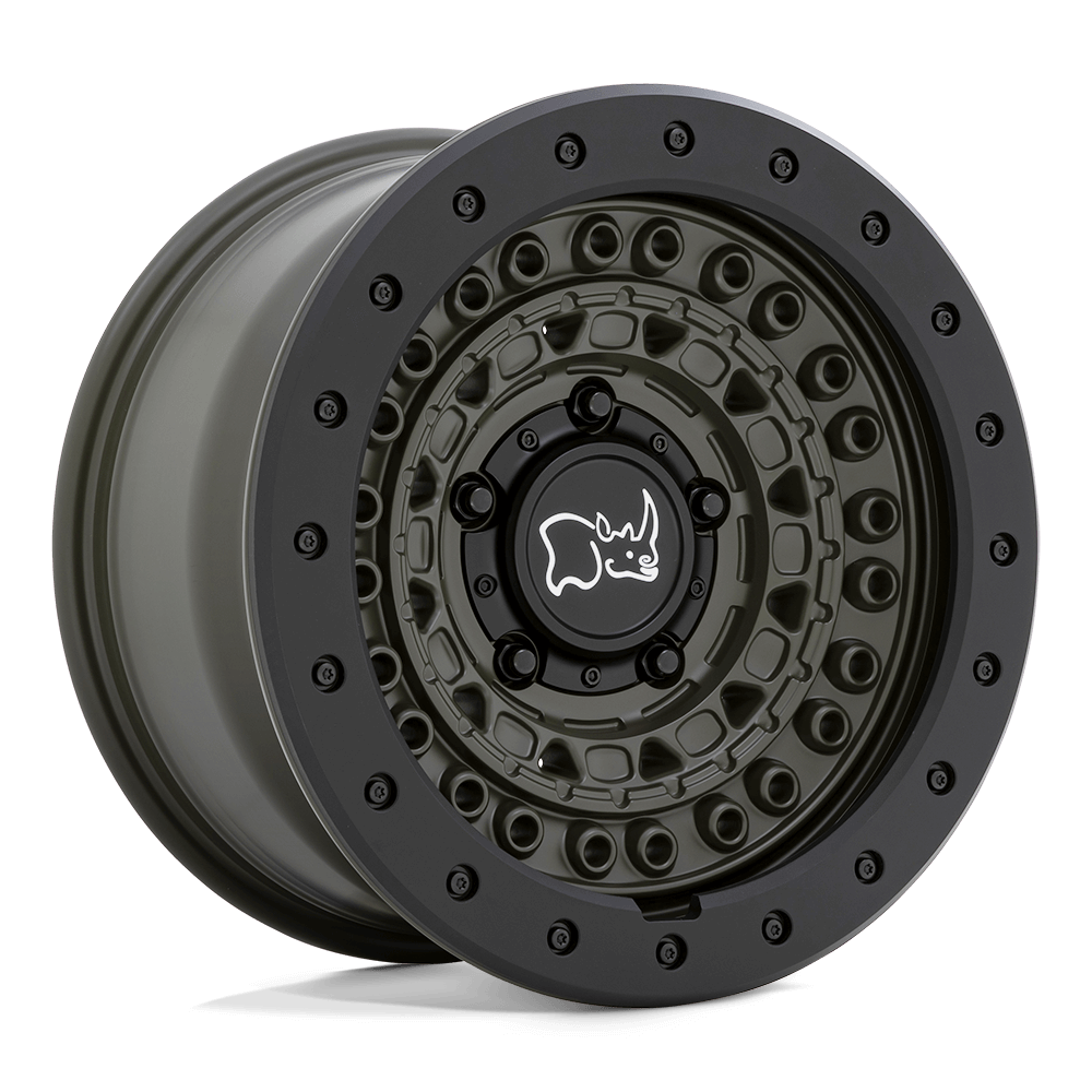 Black Rhino BARRICADE Olive Drab Green W/ Blk Rock wheel showcasing tactical design and rugged durability.