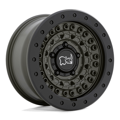 Black Rhino BARRICADE Olive Drab Green W/ Blk Rock wheel showcasing tactical design and rugged durability.