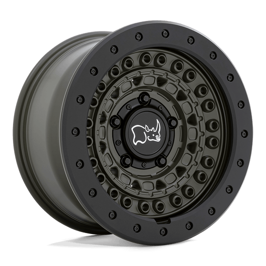 Black Rhino BARRICADE Olive Drab Green W/ Blk Rock wheel showcasing tactical design and rugged durability.
