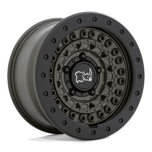 Black Rhino BARRICADE Olive Drab Green W/ Blk Rock wheel showcasing rugged design and mil-spec styling.