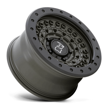 Black Rhino BARRICADE Olive Drab Green W/ Blk Rock wheel showcasing rugged design and mil-spec styling.