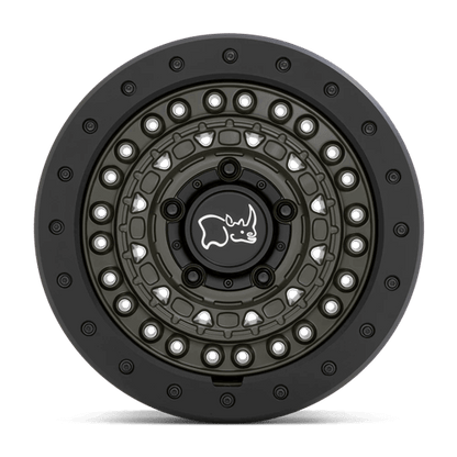 Black Rhino BARRICADE Olive Drab Green W/ Blk Rock wheel showing intricate design and durable rock guard ring