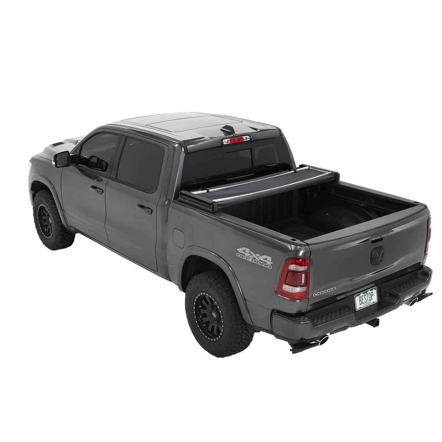 BESTOP | Soft Tri-Fold Tonneau Cover EZ-Fold For Ram 2019-2024 1500 5.7 Foot Black Tailgate Spoiler Not Included Bestop | 16227-01 on a gray truck