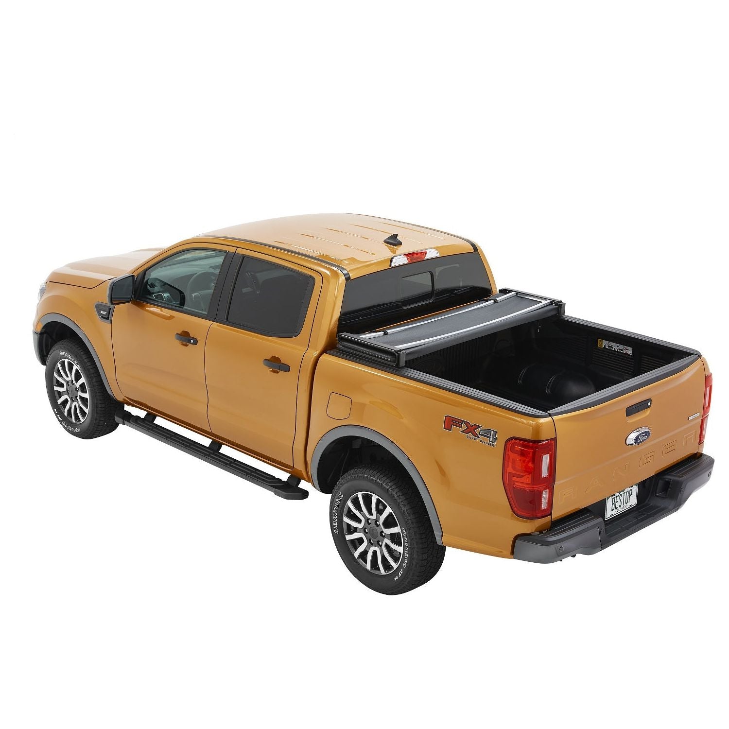 BESTOP | Soft Tri-Fold Tonneau Cover For EZ-Fold Ford 2019-2024 Ranger 5.0 Foot Black Tailgate Spoiler Not Included Bestop | 16232-01 on Ford Ranger