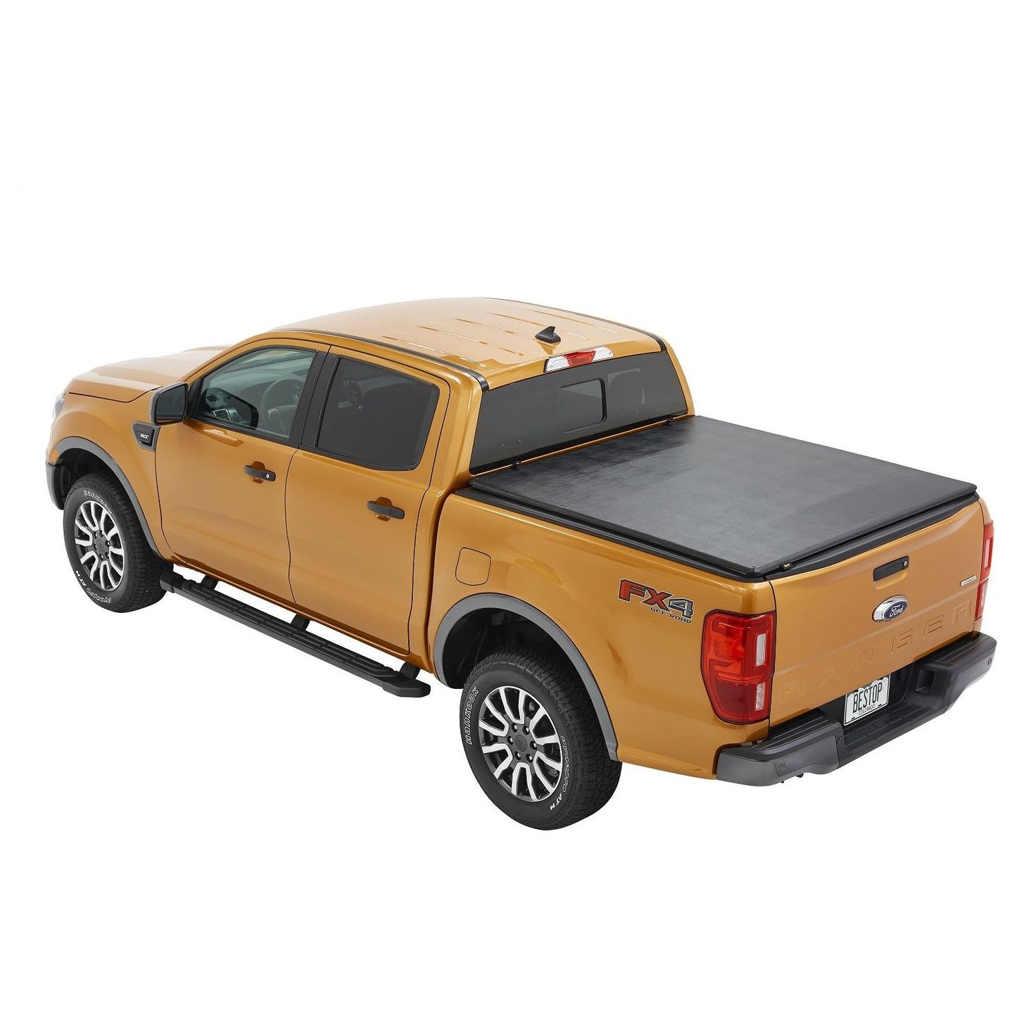 BESTOP | Soft Tri-Fold Tonneau Cover EZ-Fold For Ford 2019-2024 Ranger 6.0 Foot Black Tailgate Spoiler Not Included Bestop | 16233-01 on yellow Ford truck