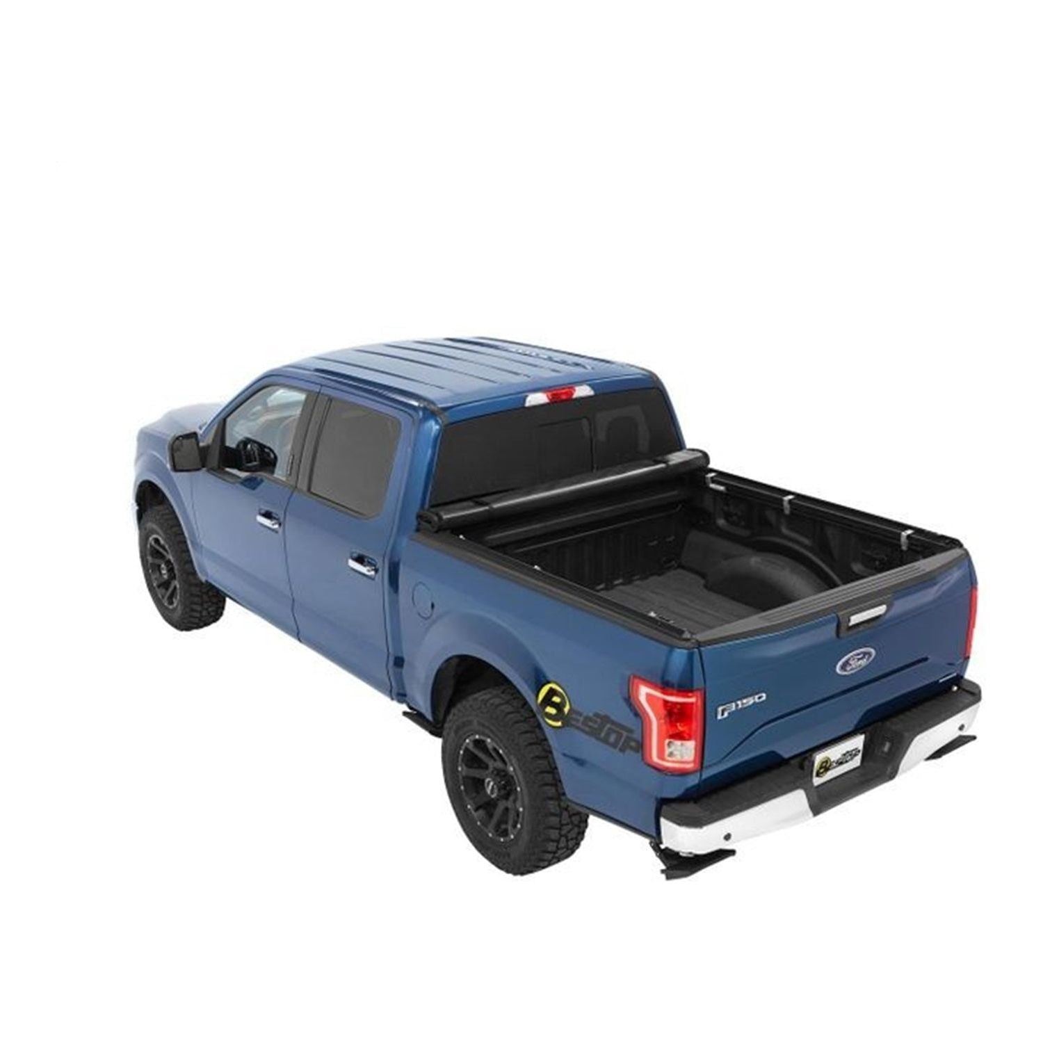 BESTOP | EZ-Roll Soft Tonneau Cover For Ford 2017-2024 F-250/F-350 Super Duty 6.8 Foot Black Tailgate Spoiler Not Included Bestop | 19222-01 on blue truck
