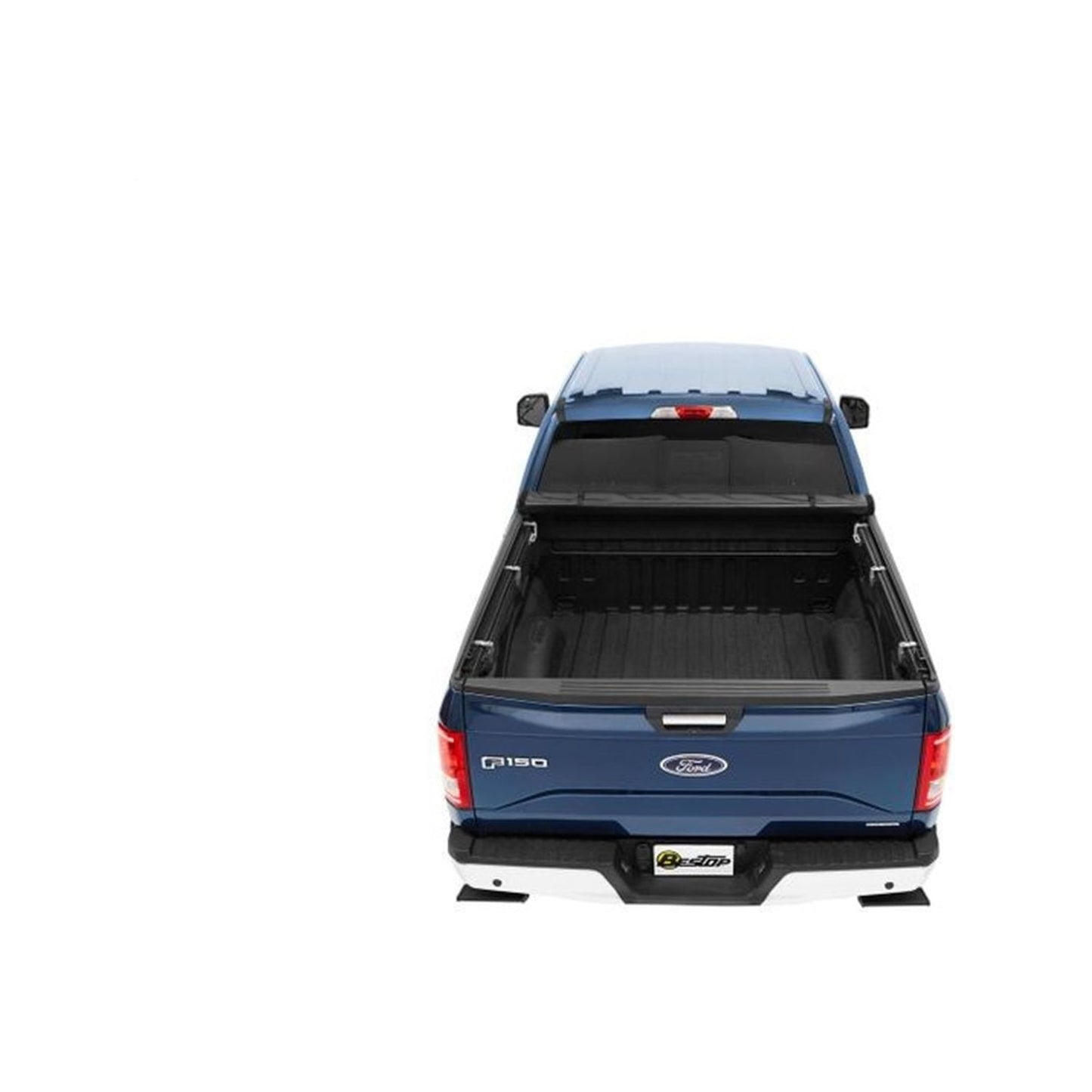BESTOP | EZ-Roll Soft Tonneau Cover For Ford 2017-2024 F-250/F-350 Super Duty 6.8 Foot Black Tailgate Spoiler Not Included Bestop | 19222-01 installed on blue Ford truck bed.