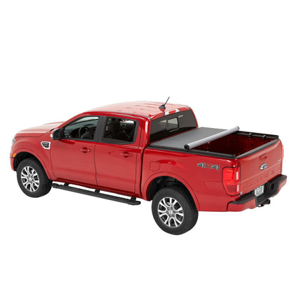 BESTOP | EZ-Roll Soft Tonneau Cover For Ford 2019-2024 Ranger 5.0 Foot Black Tailgate Spoiler Not Included Bestop | 19232-01 on a red Ford Ranger truck.
