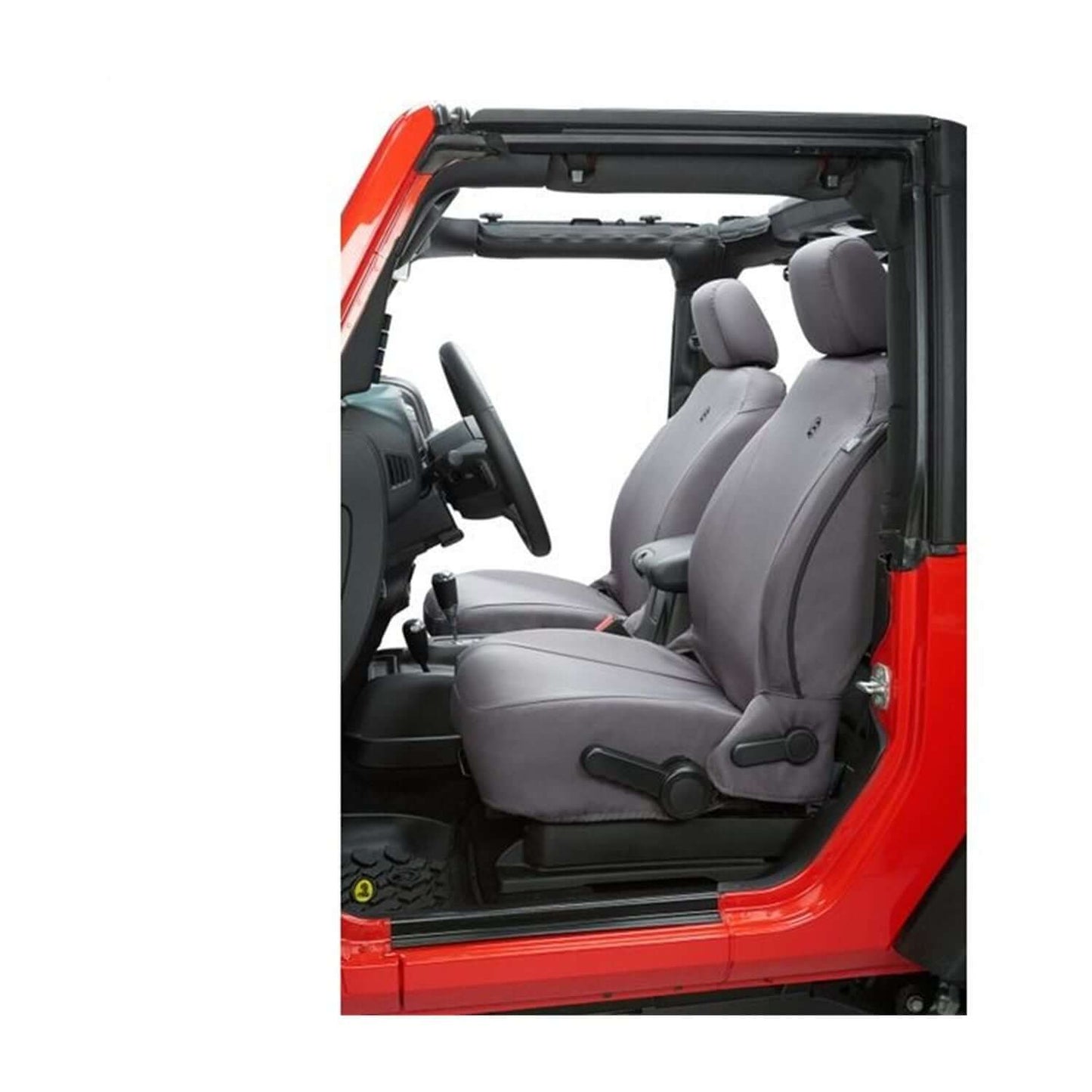 BESTOP | Jeep Wrangler Seat Covers For Jeep 2007-2012 Wrangler JK 4 Door Front Premium Vinyl Fabric Charcoal Bestop | 29280-09 installed in Jeep interior.