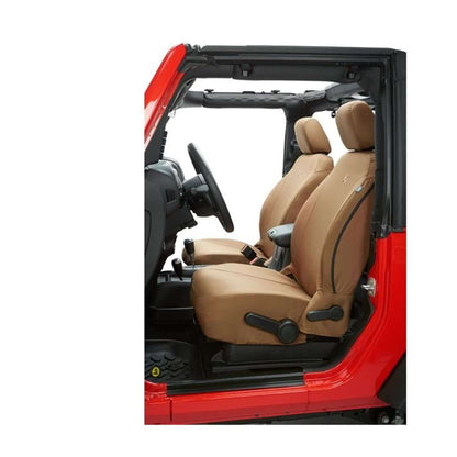 BESTOP | Jeep Wrangler Seat Covers For Jeep 2013-2018 Wrangler JK 4 Door Front Premium Vinyl Fabric Tan Bestop | 29283-04 installed in Jeep