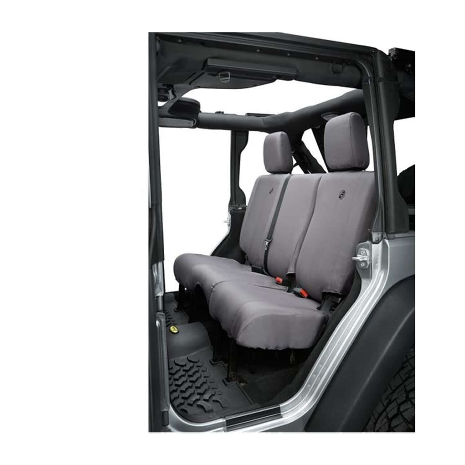 BESTOP | Jeep Wrangler Seat Covers For Jeep 2007, 2013-2018 Wrangler JK 4 Door Rear Premium Vinyl Fabric Charcoal Bestop | 29284-09 installed in a Jeep.