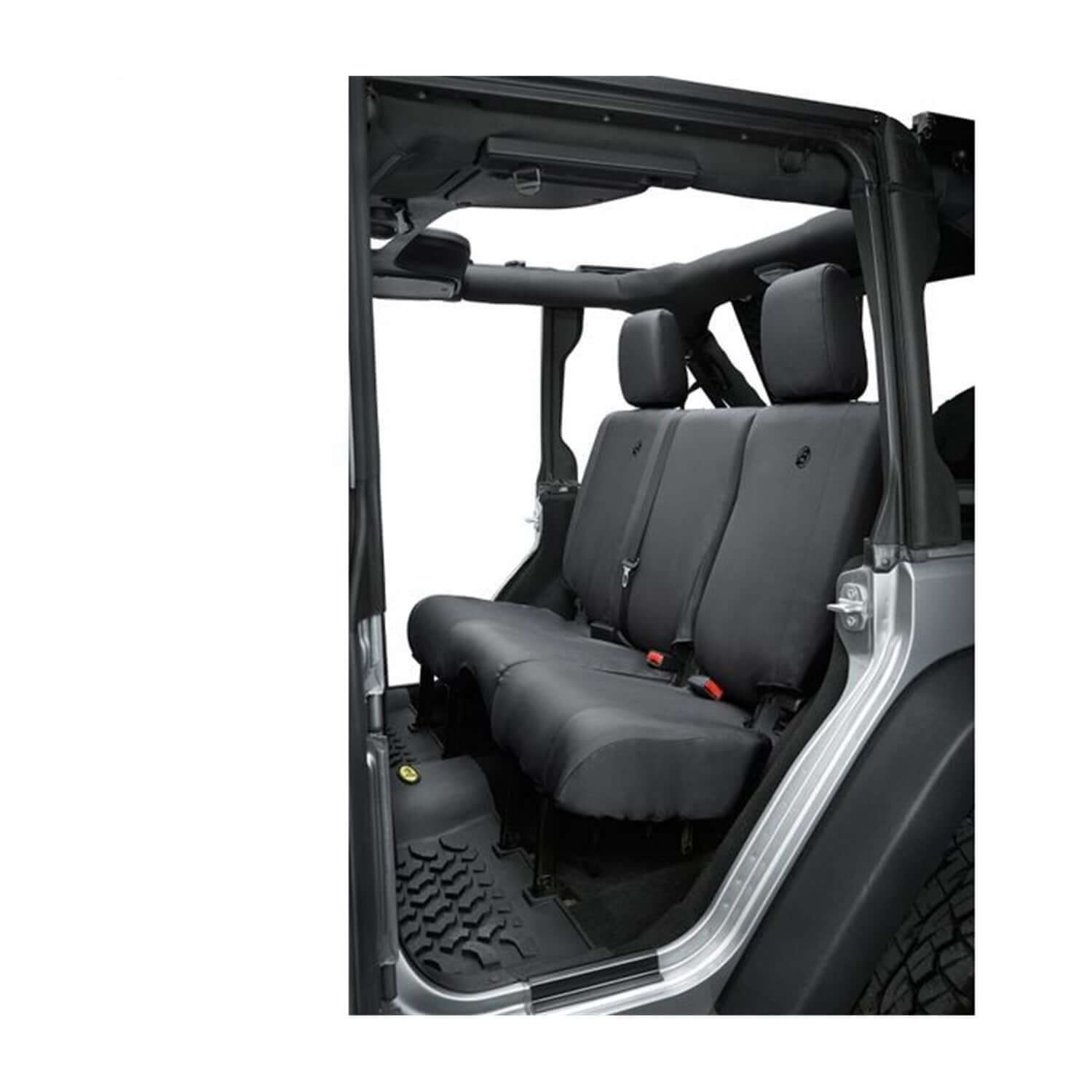 BESTOP | Jeep Wrangler Seat Covers For Jeep 2007, 2013-2018 Wrangler JK 4 Door Rear Premium Vinyl Fabric Black Diamond Bestop | 29284-35 in black.