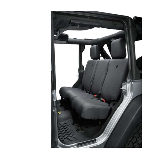 BESTOP | Jeep Wrangler Seat Covers For Jeep 2007, 2013-2018 Wrangler JK 4 Door Rear Premium Vinyl Fabric Black Diamond Bestop | 29284-35 in black.