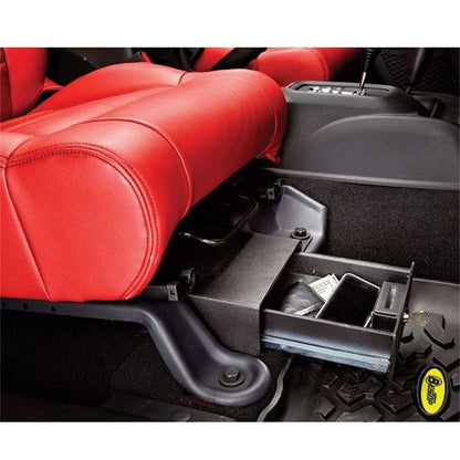 Underseat Lock Box Black Passenger Side I 42642-01 installed under red leather seat in a Jeep Wrangler.