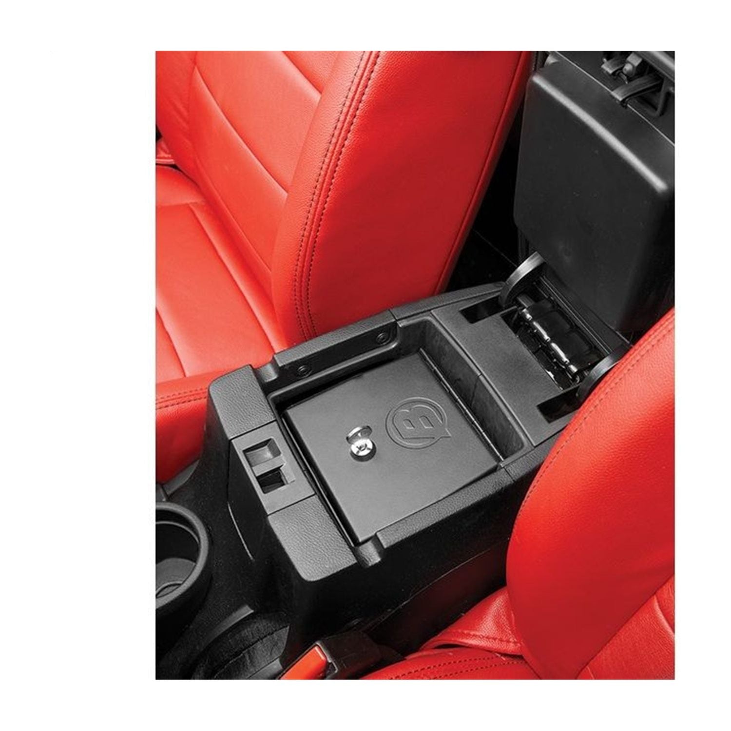 BESTOP | Jeep Center Console Lock Box For Jeep 2011-2018 Wrangler JK Black Steel Bestop | 42643-01 installed in red leather interior.