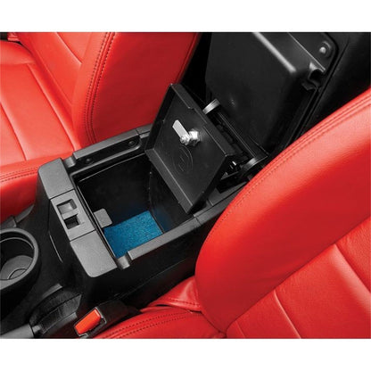 BESTOP | Jeep Center Console Lock Box For Jeep 2011-2018 Wrangler JK Black Steel Bestop | 42643-01 installed in vehicle.