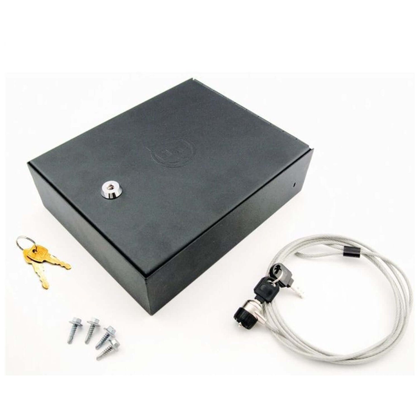 Underseat Lock Box Black Incl. Security Cable/Key Lock I 42644-01 with key, cable, and screws for vehicle security.