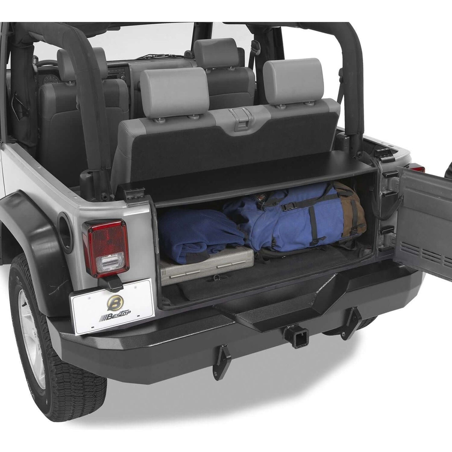 BESTOP | Jeep Instatrunk Modular Kit For Jeep 2007-2010 Wrangler JK Black Textured Kit Bestop | 42702-01 installed in rear trunk.