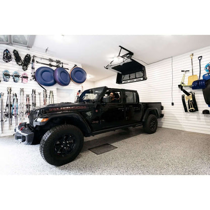 BESTOP | HOSS Hardtop Hoist Jeep 2018-26 Wrangler JL Black Bestop | 42820-01 in a garage setting with a black Jeep.