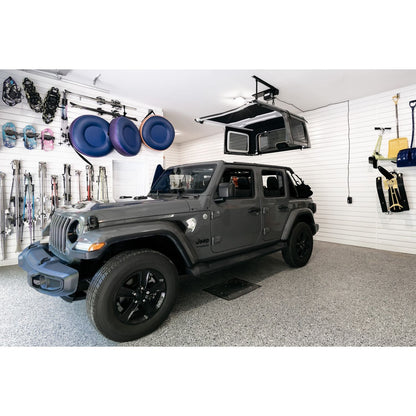 BESTOP | HOSS Hardtop Hoist Jeep 2018-26 Wrangler JL Black Bestop | 42820-01 in garage with hardtop lifted.