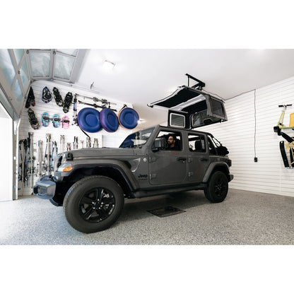 Jeep using BESTOP | HOSS Hardtop Hoist Jeep 2018-26 Wrangler JL Black Bestop | 42820-01 in garage for hardtop removal.