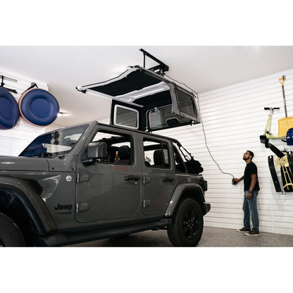 BESTOP | HOSS Hardtop Hoist Jeep 2018-26 Wrangler JL Black Bestop | 42820-01 in use with Jeep, showcasing easy hardtop removal.