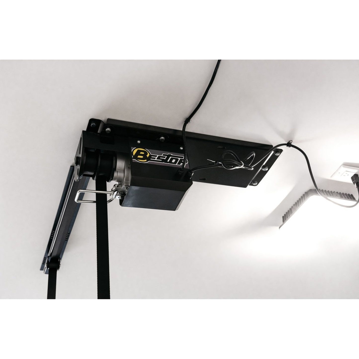 BESTOP | HOSS Hardtop Hoist Jeep 2018-26 Wrangler JL Black Bestop | 42820-01 mounted on ceiling for easy hardtop storage.
