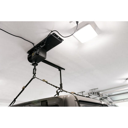 BESTOP | HOSS Hardtop Hoist Jeep 2018-26 Wrangler JL Black Bestop | 42820-01 installed in garage for efficient hardtop removal.