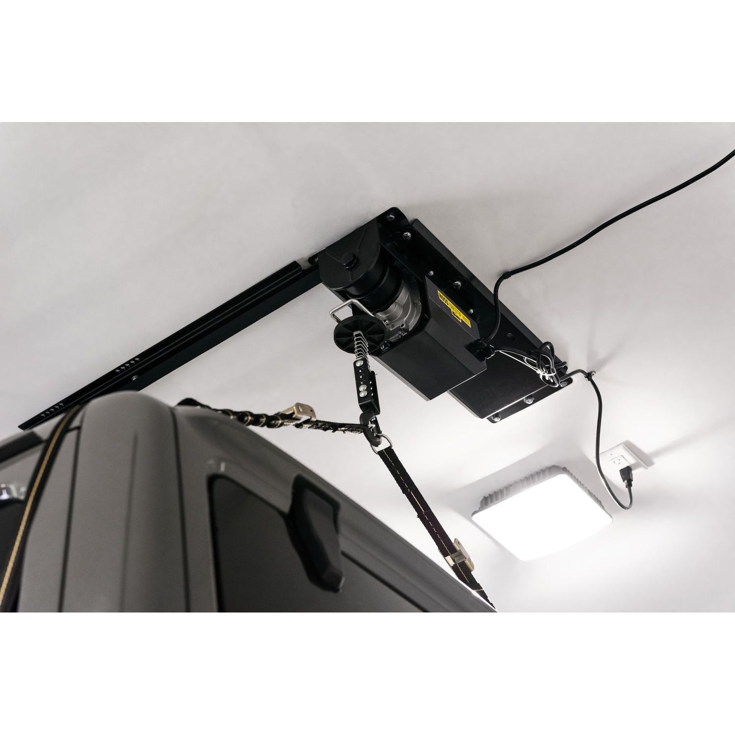 BESTOP | HOSS Hardtop Hoist Jeep 2018-26 Wrangler JL Black Bestop | 42820-01 installed in garage with Jeep hardtop