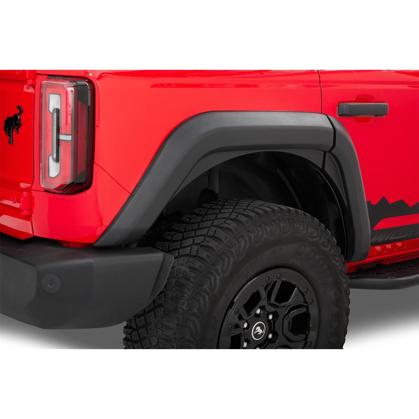 Bestop Bestop Fender Flares Black I 49701-01 on a red Ford Bronco with off-road tires
