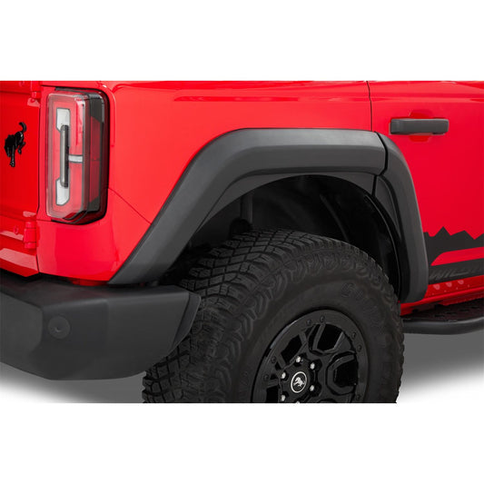 Bestop Bestop Fender Flares Black I 49701-01 on a red Ford Bronco with off-road tires