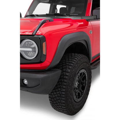 Bestop Bestop Fender Flares Black I 49701-01 on a red 2021 Ford Bronco enhancing its rugged look.