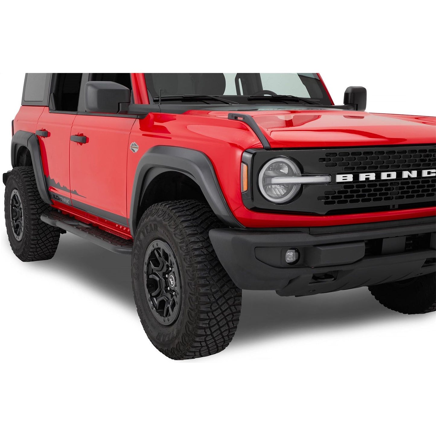 Bestop Bestop Fender Flares Black I 49701-01 on red Ford Bronco 2021-2024 showcasing retro-modern styling.