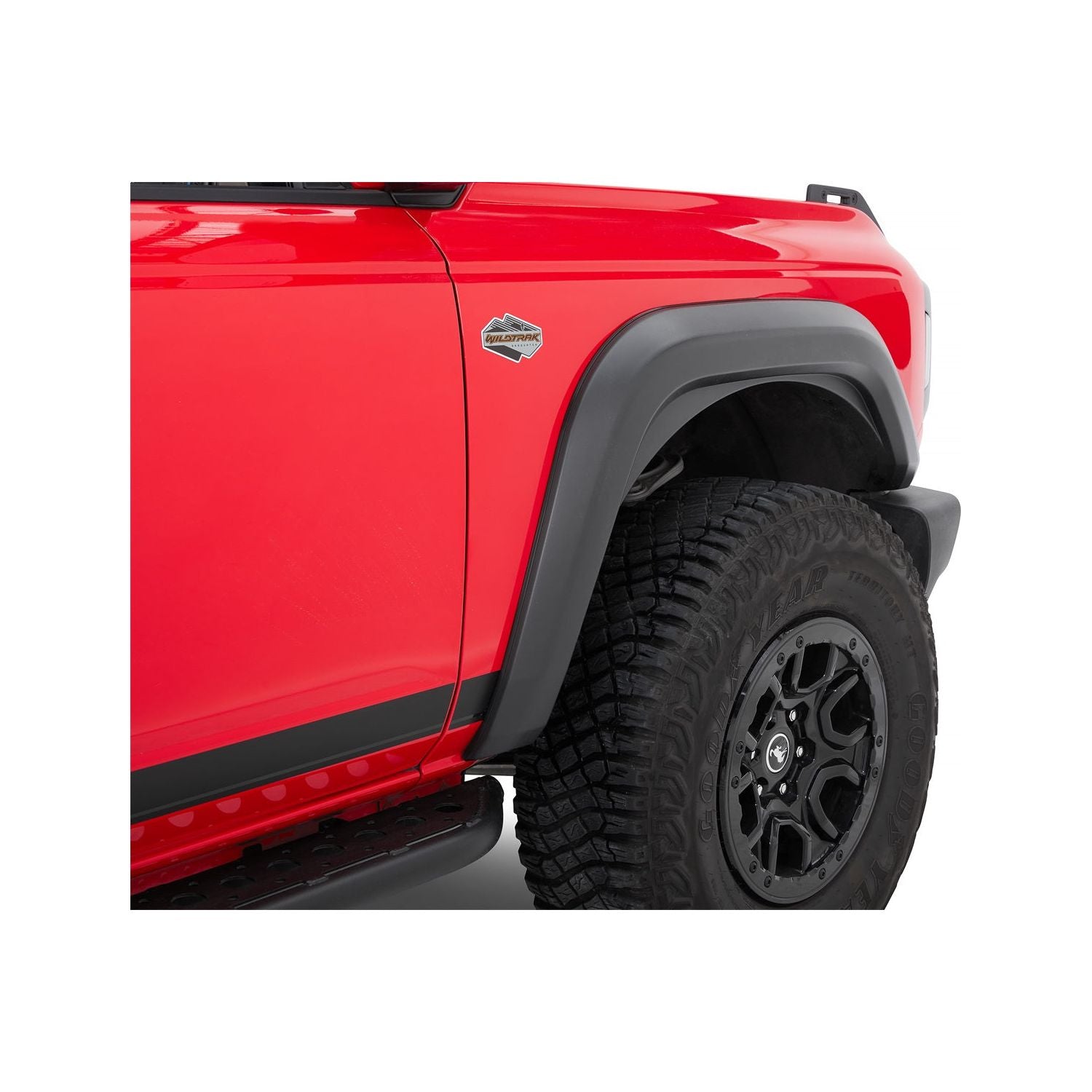 Bestop Bestop Fender Flares Black I 49701-01 on a red Ford Bronco showcasing retro-modern design.