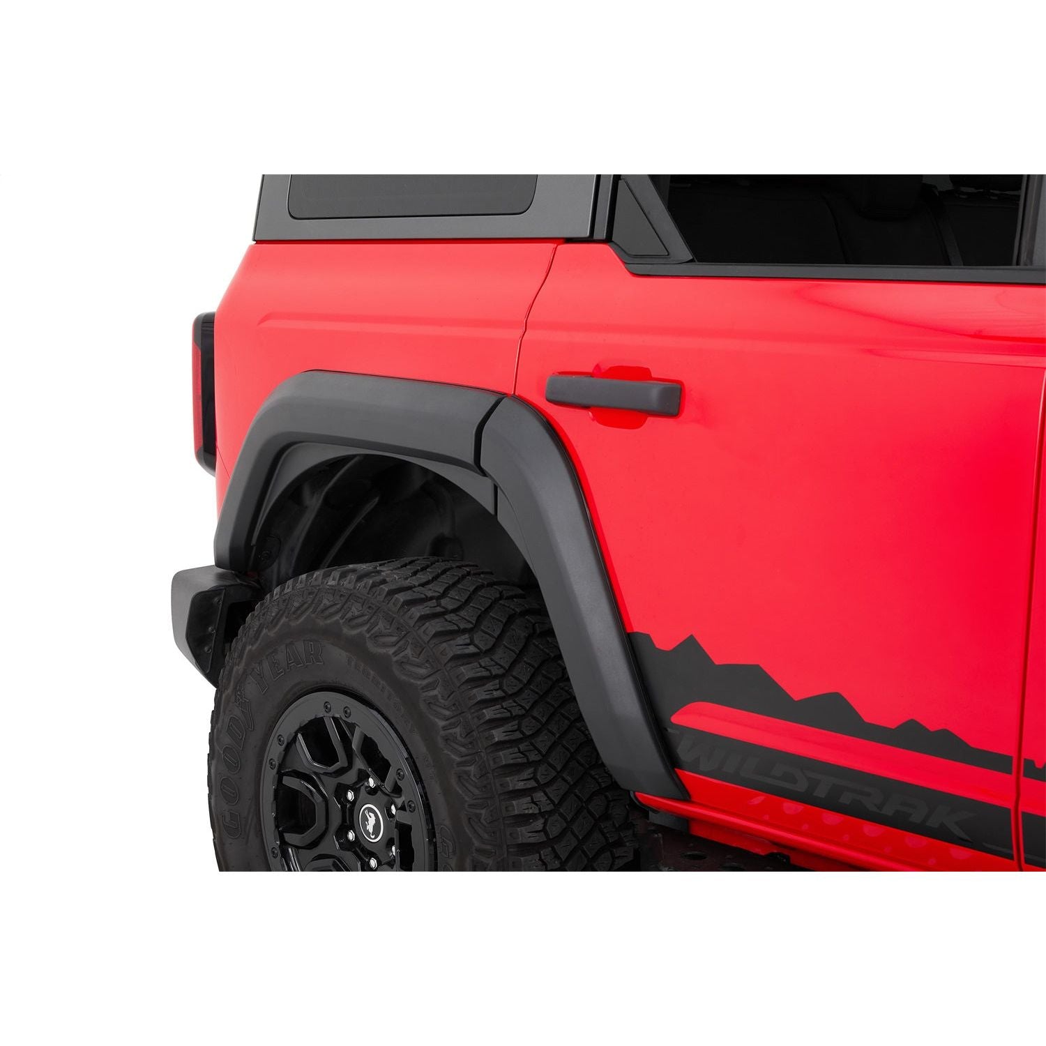 Bestop Bestop Fender Flares Black I 49701-01 installed on a red Ford Bronco, enhancing its retro-modern style.