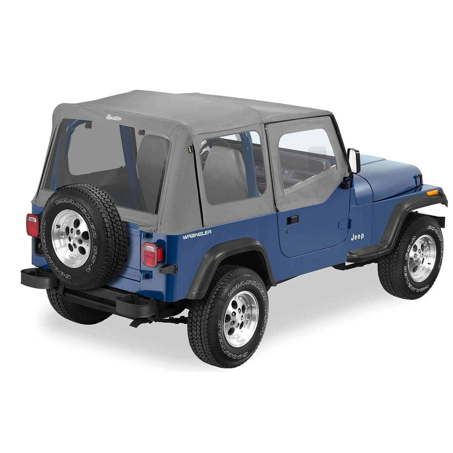BESTOP | Replace-A-Top for OEM Hardware For Jeep 1988-1995 Wrangler YJ Clear Charcoal/Gray Door Skins Included Bestop | 51120-09 on a blue Jeep.