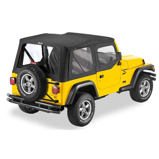 BESTOP | Replace-A-Top for OEM Hardware For Jeep 1997-2002 Wrangler TJ Clear Black Denim Door Skins Included Bestop | 51121-15 on yellow Jeep.