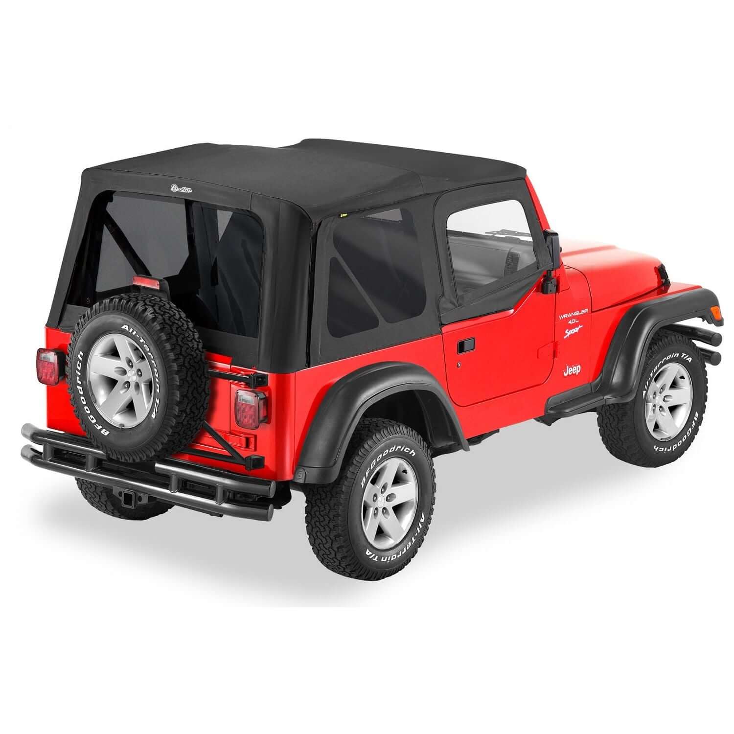 BESTOP | Replace-A-Top for OEM Hardware For Jeep 1997-2002 Wrangler TJ Tinted Black Denim Door Skins Included Bestop | 51124-15 on red Jeep