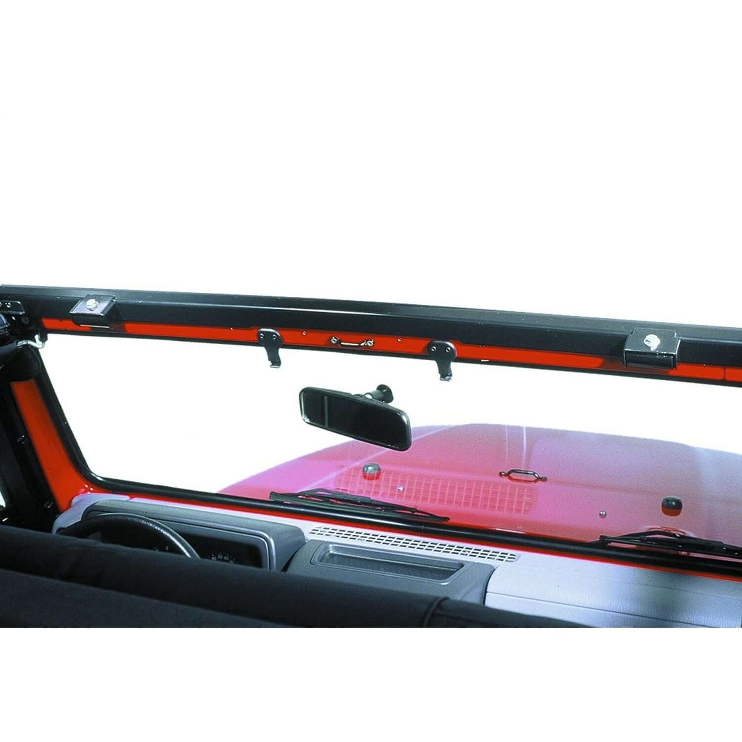 Windshield Channel Black 1 pc. No Drill Header Style Design I 51238-01 for TJ Wrangler (1996-2006) installation.