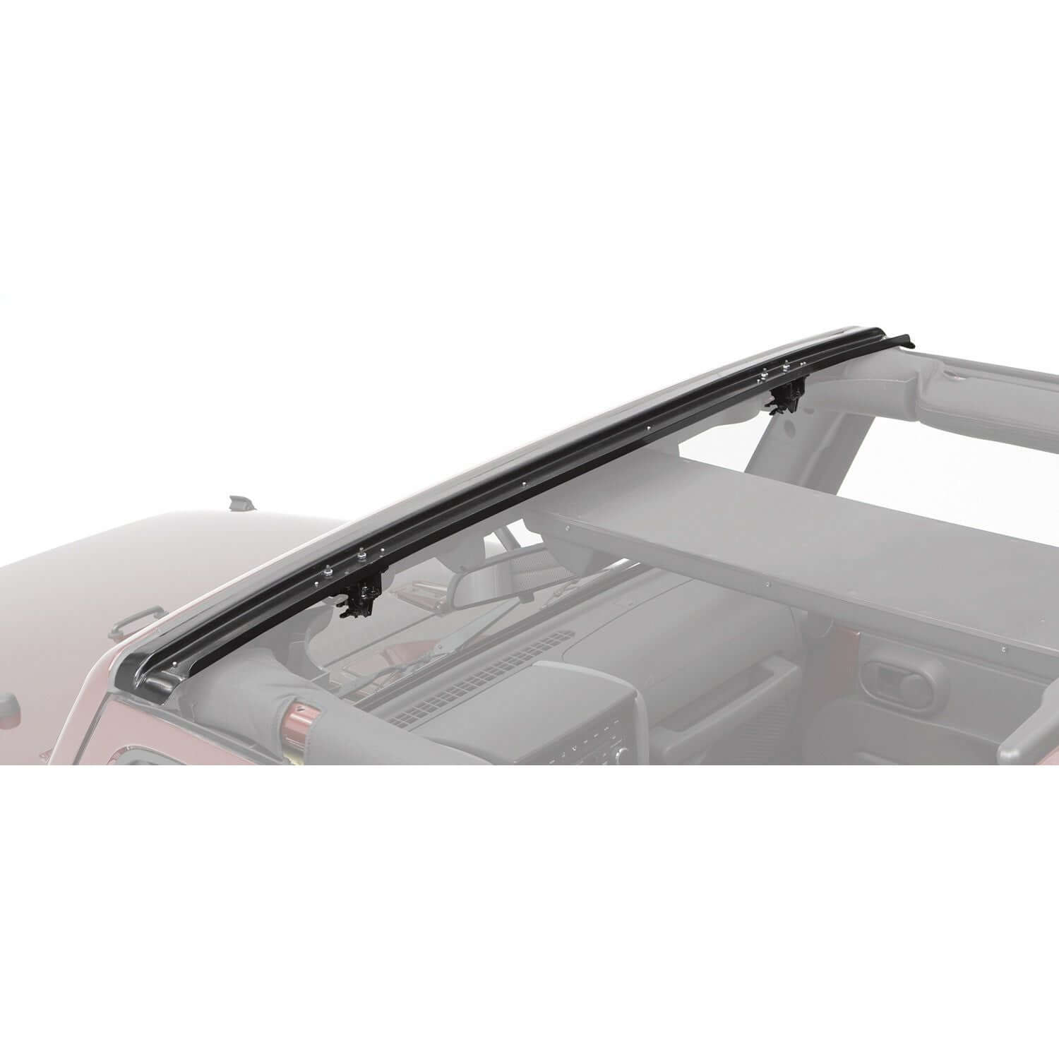 Windshield Channel Black 1 pc. No Drill Header Style Design I 51243-01 installed on a Jeep.