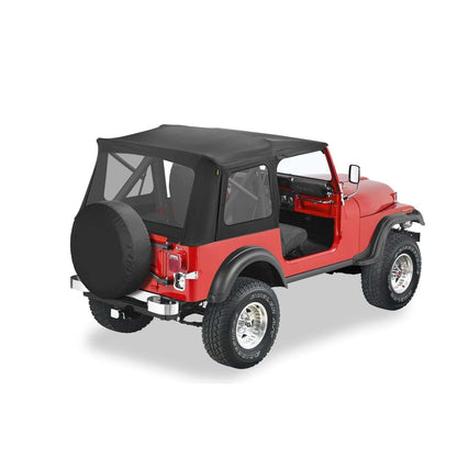 BESTOP | Jeep CJ7 Soft Top Supertop Classic Squareback Soft Tops For Jeep 1976-1986 CJ7 Clear Black Crush Bestop | 51599-01 installed on red Jeep.