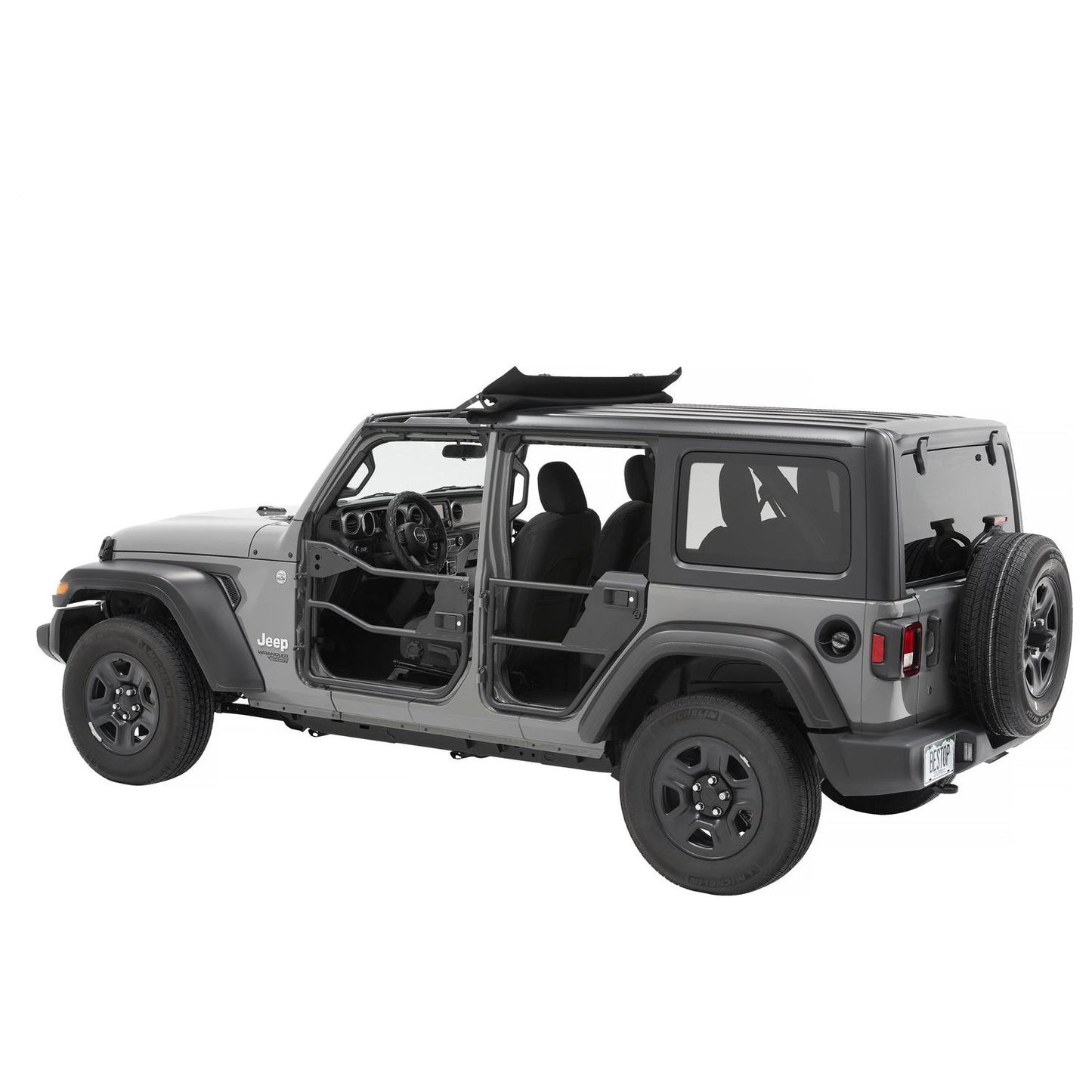 BESTOP | Element Doors Jeep '20-26 Gladiator '18-26 Wrangler JL 4-Door Rear Matte Black Bestop | 51741-01 installed on a Jeep.
