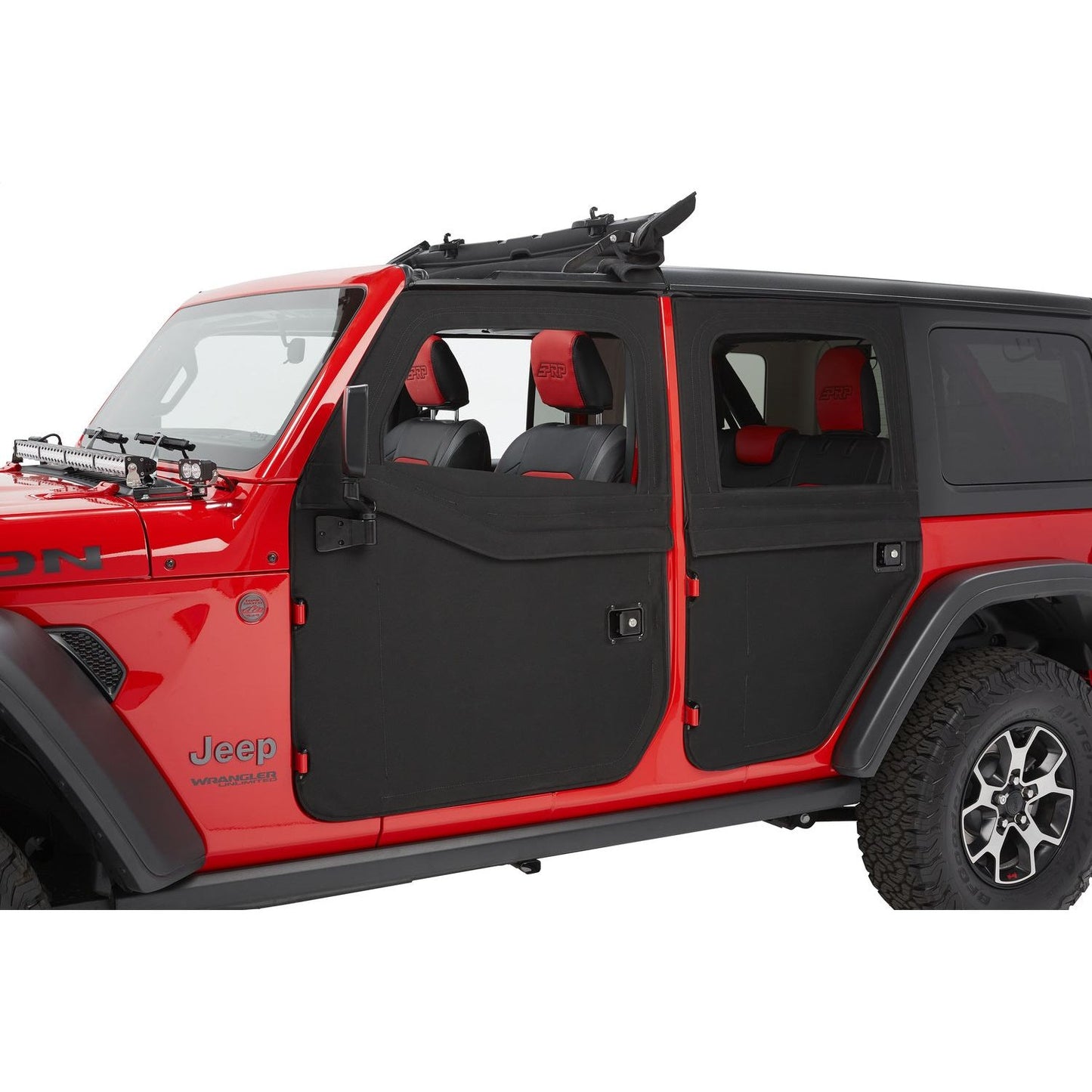 BESTOP | Full Fabric Doors Jeep '20-26 Gladiator '18-26 Wrangler JL Front Black Twill Bestop | 51750-17 installed on a red Jeep